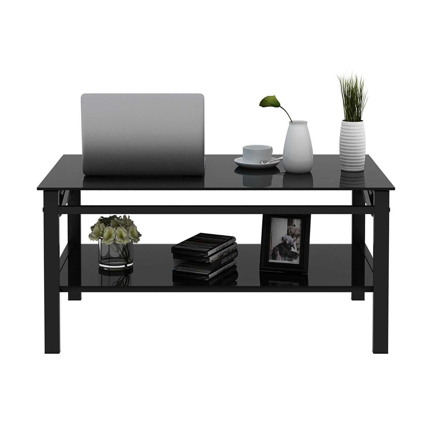 Glass Lift Top Coffee Table, 2-Layer Tempered Glass, Modern Simple, Black