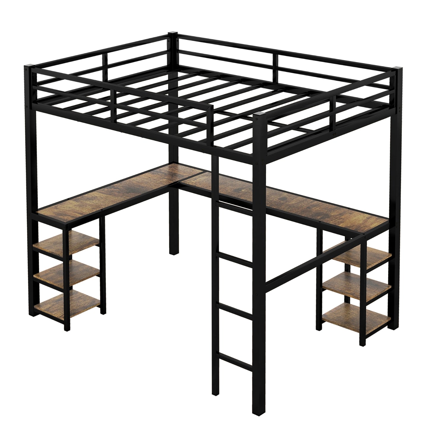 Vollmetall-Hochbett mit Schreibtisch und Regalen, Hochbett mit Leiter und Geländern, Hochbett-Rahmen für B