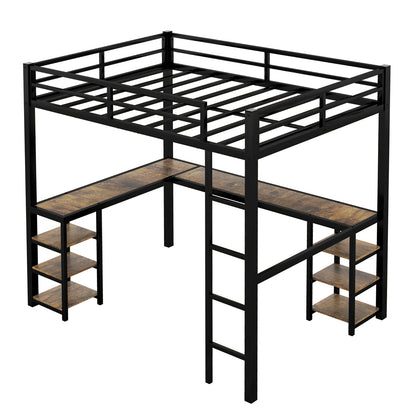 Vollmetall-Hochbett mit Schreibtisch und Regalen, Hochbett mit Leiter und Geländern, Hochbett-Rahmen für B