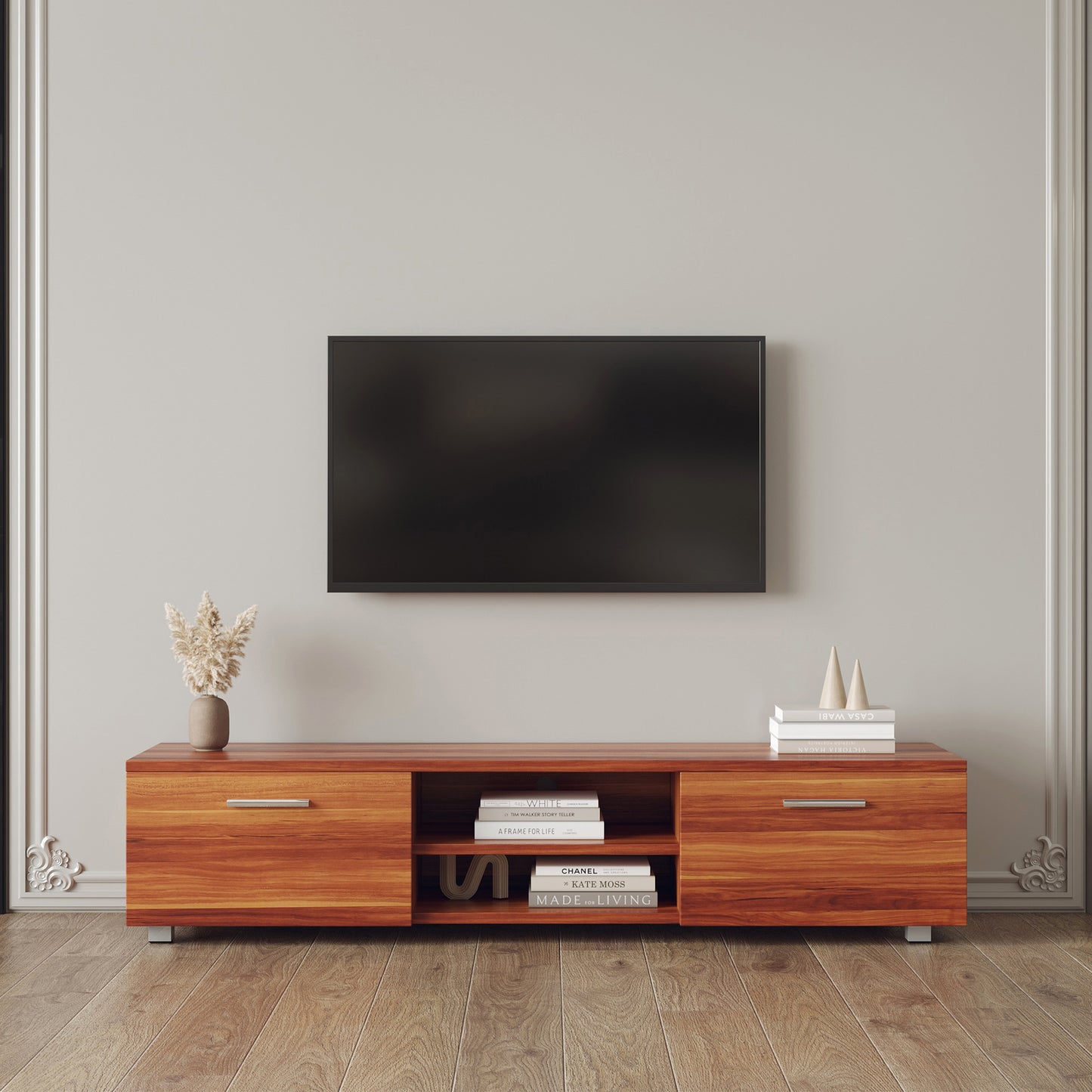 Walnut TV Stand For 70 Inch TV Stands, Media Console Entertainment Center Television Table, 2 Storage Cabinet With Open Shelves For Living Room Bedroom
