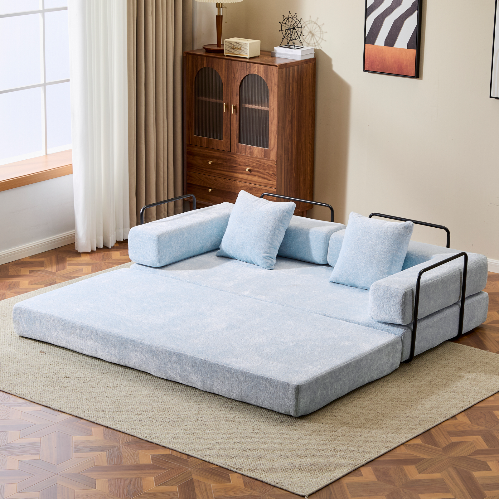 Boden-Couch, Kompressions-Sofa, Umwandelbares Boden-Sofa-Bett – mit Kissen-Rückenlehne und Armlehne, Bequeme Futon-Couch-Liege-Schlafsofa, Chenille-Stoff, für Wohnzimmer und Schlafzimmer LICHTBLAU