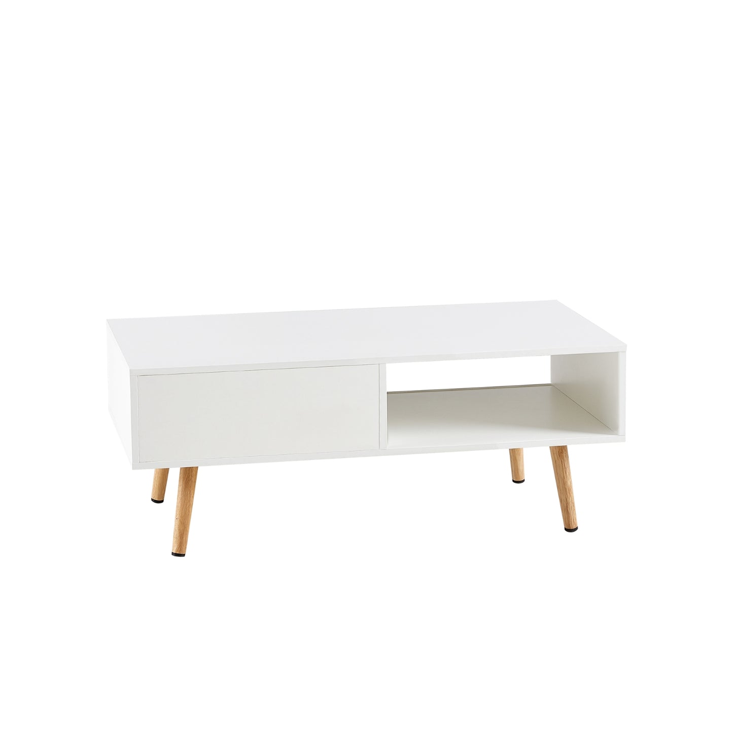 Rattan Couchtisch mit Schiebetür und massiven Holzbeinen - Modernes Wohnzimmer