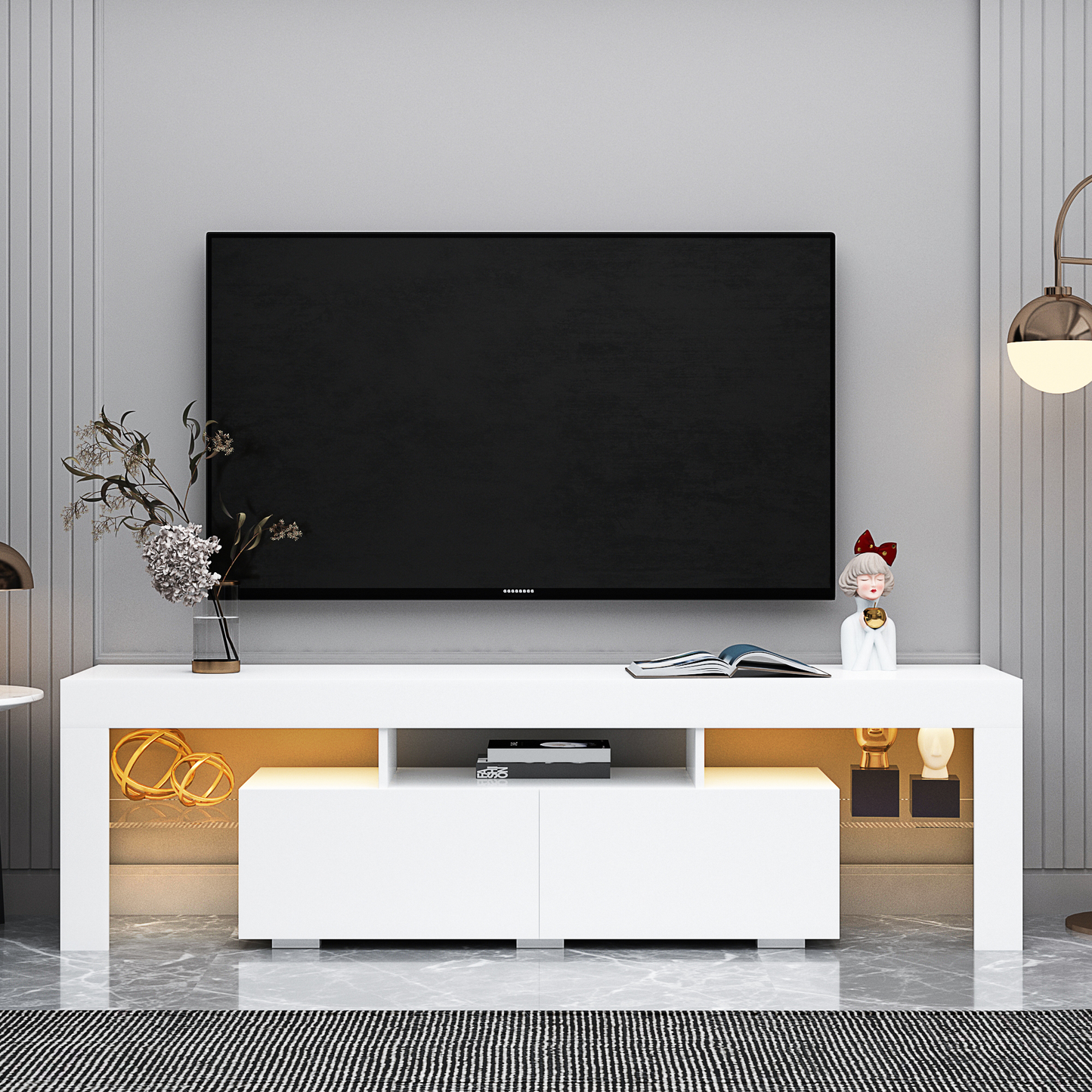 Moderne weiße TV-Ständer, 20-Farben-LED-TV-Ständer mit Fernbedienung für Lichter