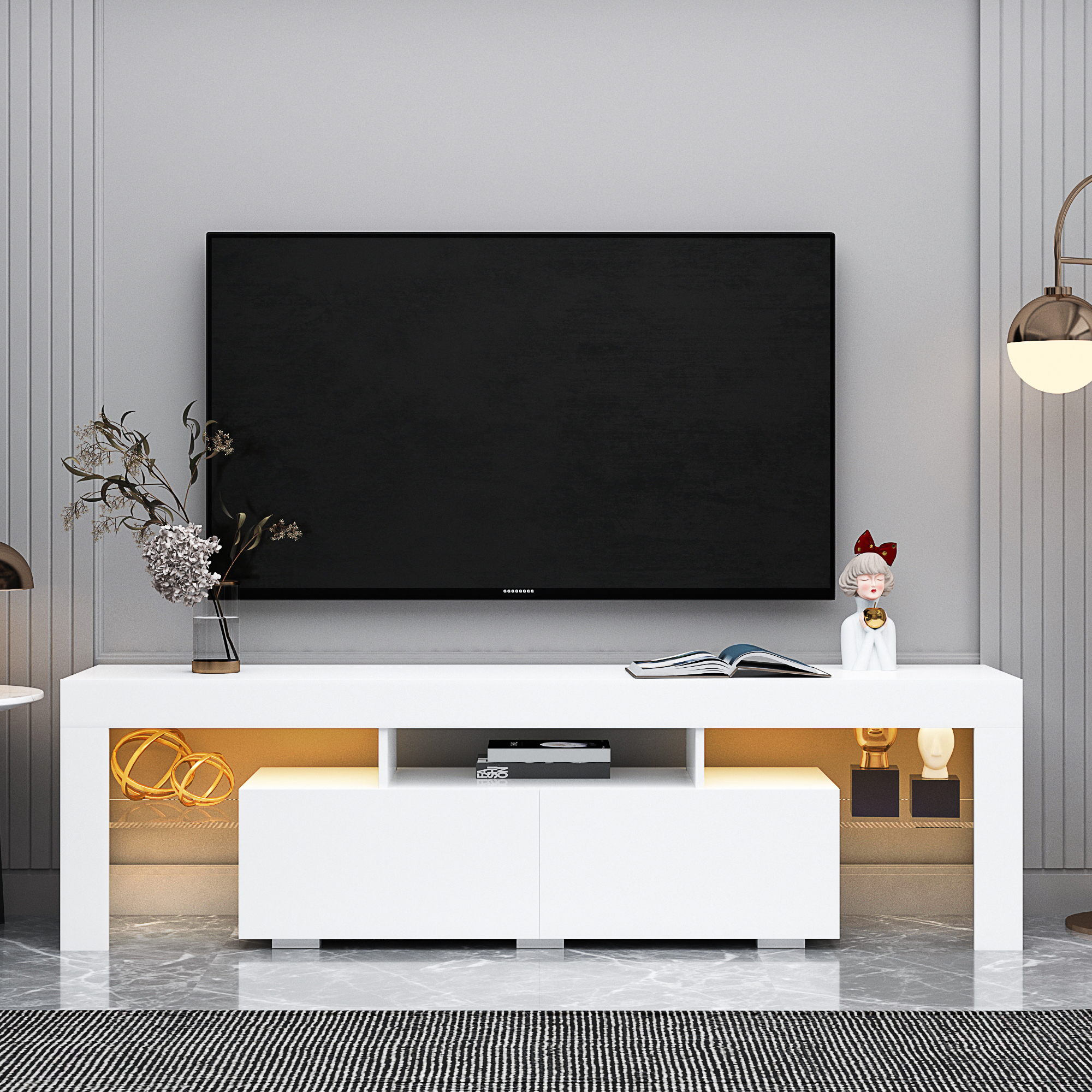 Moderne weiße TV-Ständer, 20-Farben-LED-TV-Ständer mit Fernbedienung für Lichter