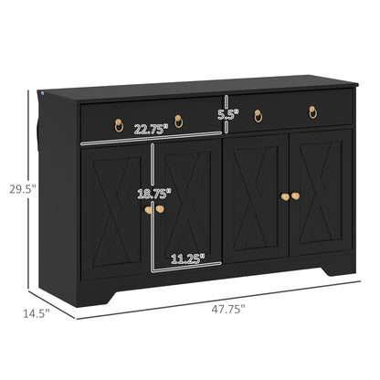 Kitchen Storage Sideboard, Farmhouse Buffet Cabinet With Barn Style Doors, Drawers, Adjustable Shelves, Black