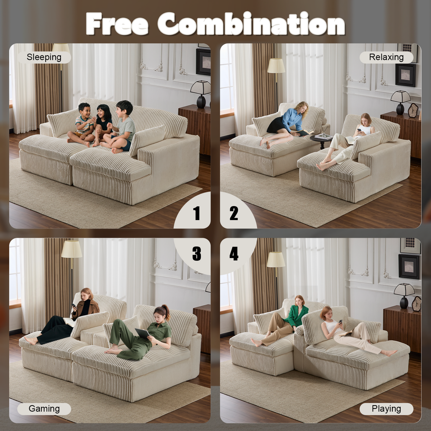 Doppel-Liege-Stuhl für Innenräume, Überdimensionierte Bezogene Schlafcouch Wolken-Sofa, Tief Sitzender Luxus-Sofabett, Ecksofa mit Liege und Sessel, Corduroy-Lesestuhl für das Wohnzimmer, Keine Montage erforderlich, Weiß