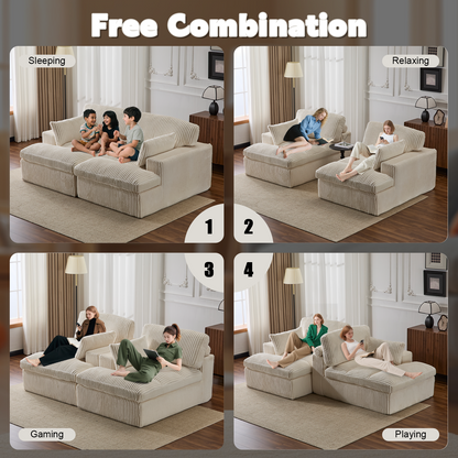 Doppel-Liege-Stuhl für Innenräume, Überdimensionierte Bezogene Schlafcouch Wolken-Sofa, Tief Sitzender Luxus-Sofabett, Ecksofa mit Liege und Sessel, Corduroy-Lesestuhl für das Wohnzimmer, Keine Montage erforderlich, Weiß