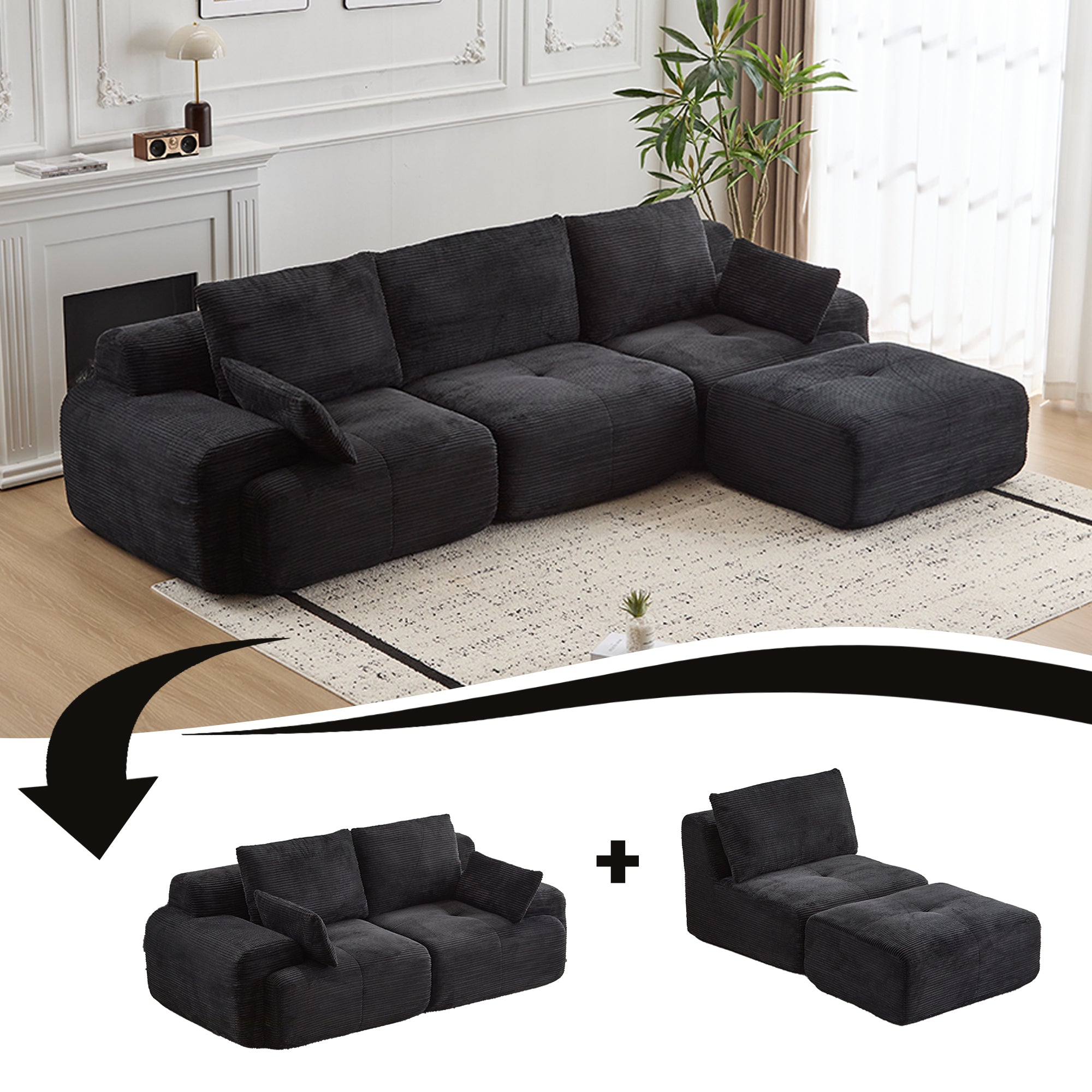 Moderne Kompressions-Memory-Schaum-Sofa, Große Ecksofas für das Wohnzimmer, Haustierfreundliches Wolkenmodulares Ecksofa, Kordstoff, Extra Tiefes Zweiersofa, Keine Montage erforderlich, Schwarz