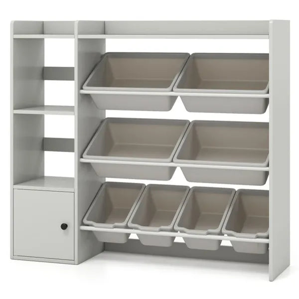 Kinder-Spielzeug-Organizer (Grau) - 112 cm x 30,5 cm x 100 cm, 8 Aufbewahrungsboxen, offene Regale + Schrank.