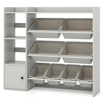 Kinder-Spielzeug-Organizer (Grau) - 112 cm x 30,5 cm x 100 cm, 8 Aufbewahrungsboxen, offene Regale + Schrank.