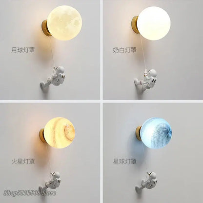 Cute white decorbites astronaut moon wall lamp with spherical planet lamp in moon milk-white mars and star colors for kids bedroom