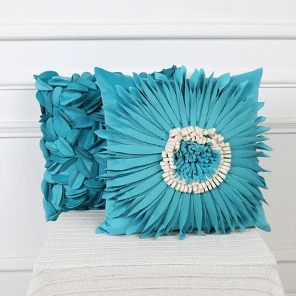 Vibrant turquoise velvet cushion cover with ruffled blue floral petals and cream bead embellishment for decorbites 3d blue decor