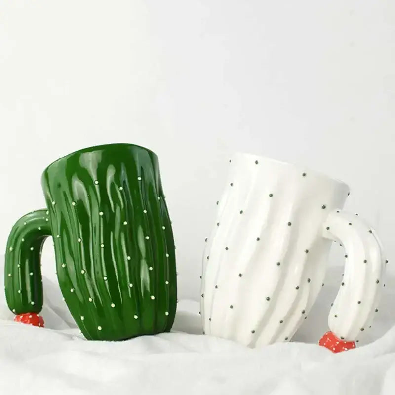 Green and white polka dot cactus style ceramic mug with dotted spines and red fruit accents by decorbites 3d cactus