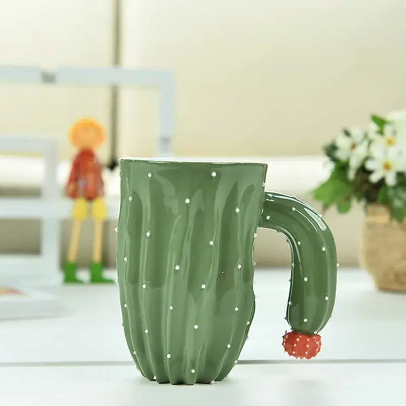 Green and white polka dot 3d cactus style ceramic mug with red fruit accent by decorbites for kitchen use