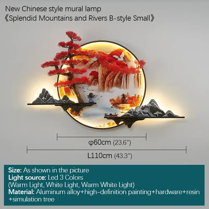 Circular decorbites 3d chinese pine landscape wall lamp featuring a warm backlit mural with red trees and waterfalls