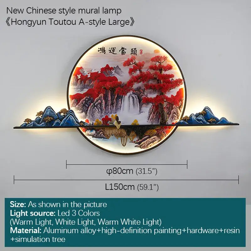 Circular decorbites 3d chinese pine landscape wall lamp with vibrant red and blue mural on aluminum alloy frame