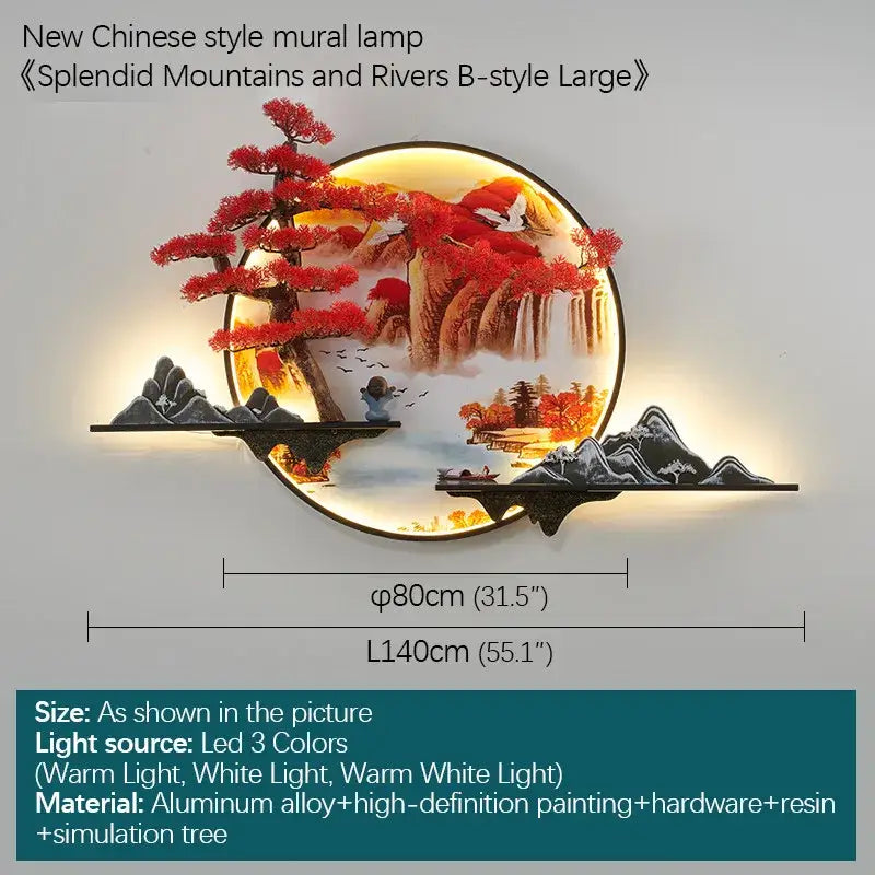 Circular decorbites 3d chinese pine landscape wall lamp with red trees mountains and waterfalls warm led light decor