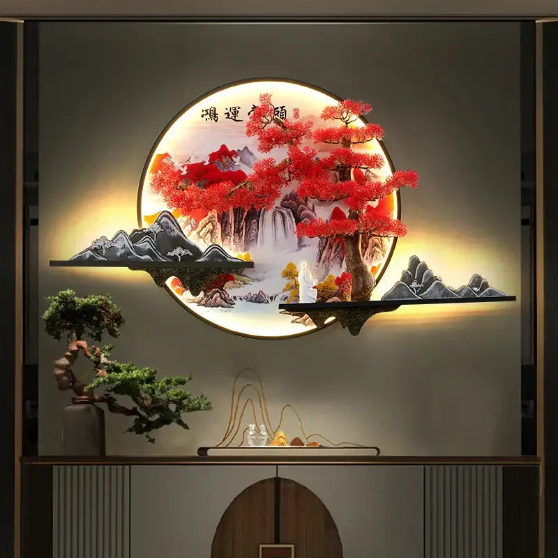 Circular illuminated wall lamp decorbites 3d chinese pine landscape featuring a red tree misty mountains and waterfall