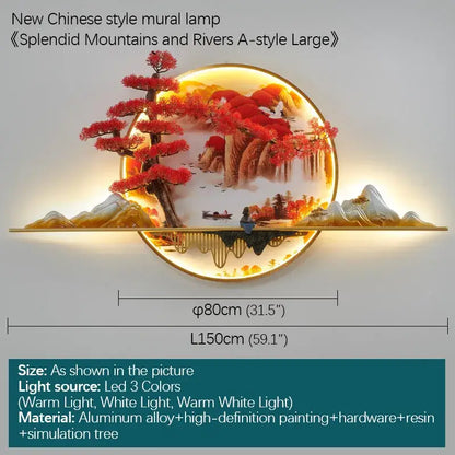 A circular decorbites 3d chinese pine landscape wall lamp with red trees mountains and waterfalls illuminated warmly