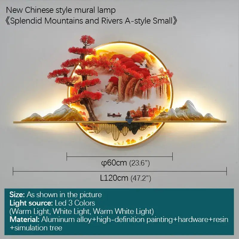 Circular wall lamp with decorbites 3d chinese pine landscape featuring red trees and mountains on aluminum alloy base