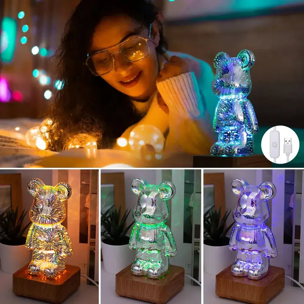 A translucent firework bear night light with fiber optic design glowing blue green and purple for bedroom use