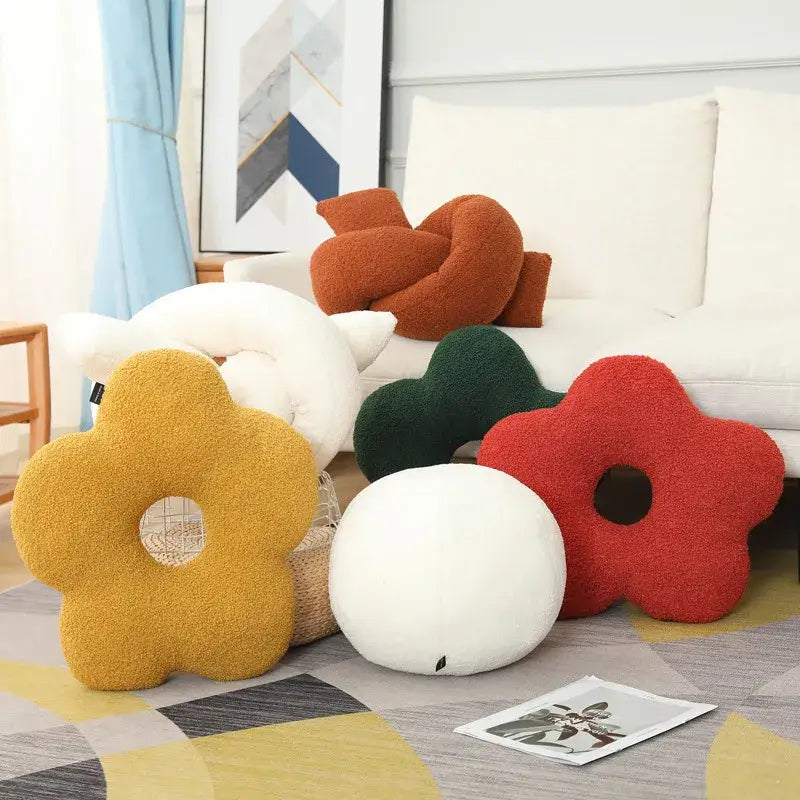 Plush fuzzy yellow flower cushion with circular hole from decorbites 3d flower set for living room decor nordic pillow