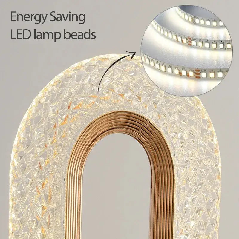 Clear faceted crystal arch lamp with gold-toned frame and energy-saving led beads for touch dimming night light use