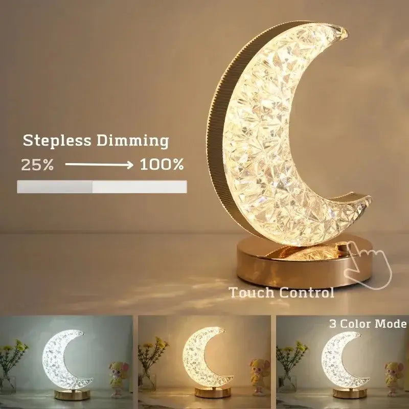 Decorbites crescent moon led table lamp with faceted crystal design gold base touch dimming night light USB powered