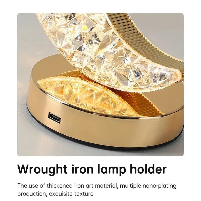 Golden crescent-shaped decorbites™ bedroom crystal touch dimming night light with faceted crystals and polished base