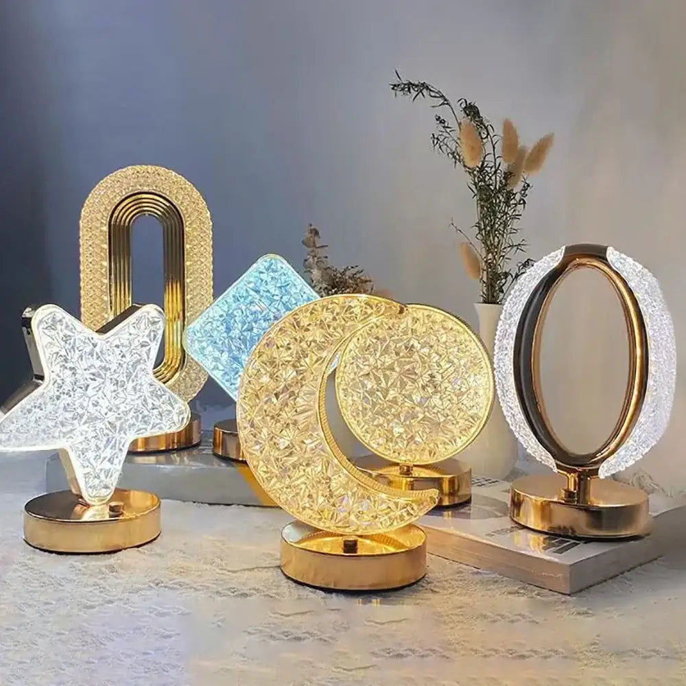 Golden crescent crystal moon lamp with touch dimming night light feature for bedside ambient home decor