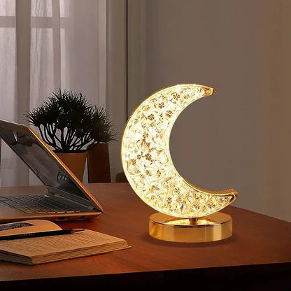Golden crescent moon led night light with crystal cutouts and polished base featuring touch dimming for ambient decor
