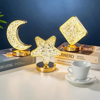 Golden crystal-shaped moon star and diamond led nightlights with touch dimming for bedroom ambient decor
