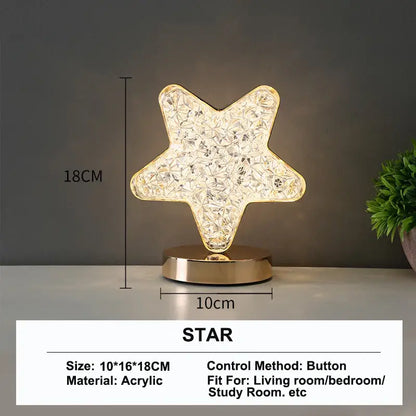 Decorbites touch dimming star-shaped led table lamp with gold base and faceted acrylic body dimming night light