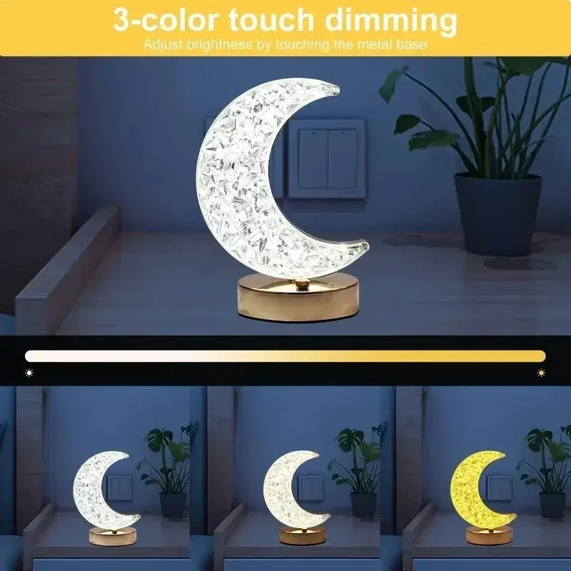 Decorbites™ bedroom crystal crescent moon lamp with gold base and 3-color touch dimming night light for girls room