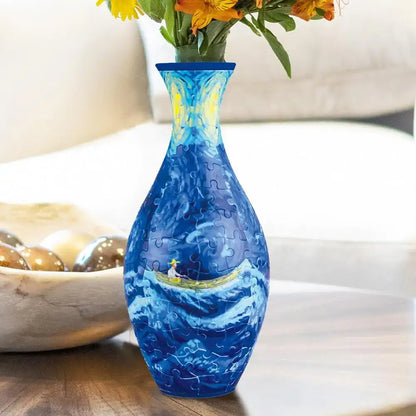 Blue curved puzzle vase building set featuring a swirling ocean scene and small boat inspired by van gogh starry night