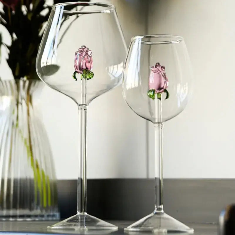 Clear glass decorbites 3d rose champagne flute with delicate pink rose embellishments and green stems for dining room decor