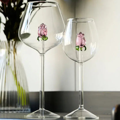 Clear glass decorbites 3d rose champagne flute with delicate pink rose embellishments and green stems for dining room decor