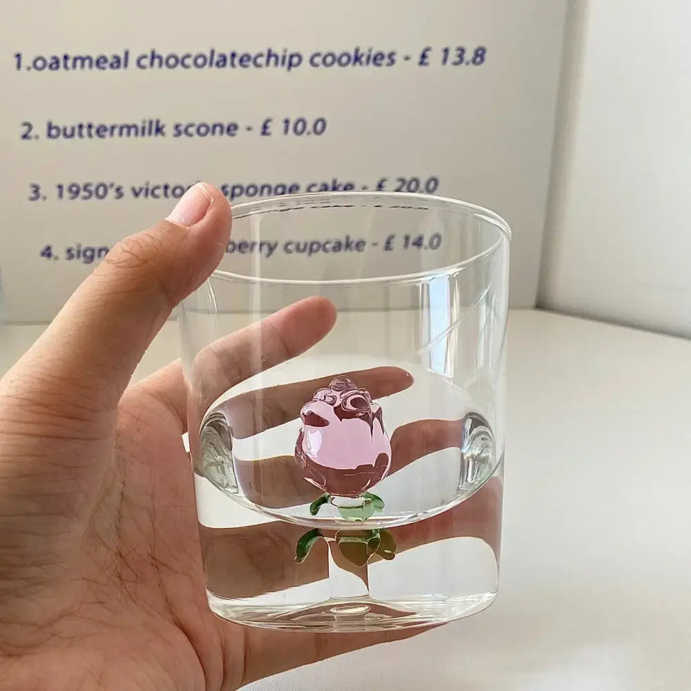 Clear glass breakfast cup with pink rose and green stem design featuring decorbites 3d rose floral mug