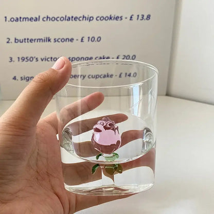 Clear glass rose glass breakfast cup with pink and green 3d rose design by decorbites for kitchen use