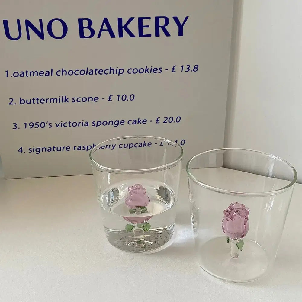 Clear glass rose glass breakfast cup with delicate pink and green 3d rose decorbites floral design
