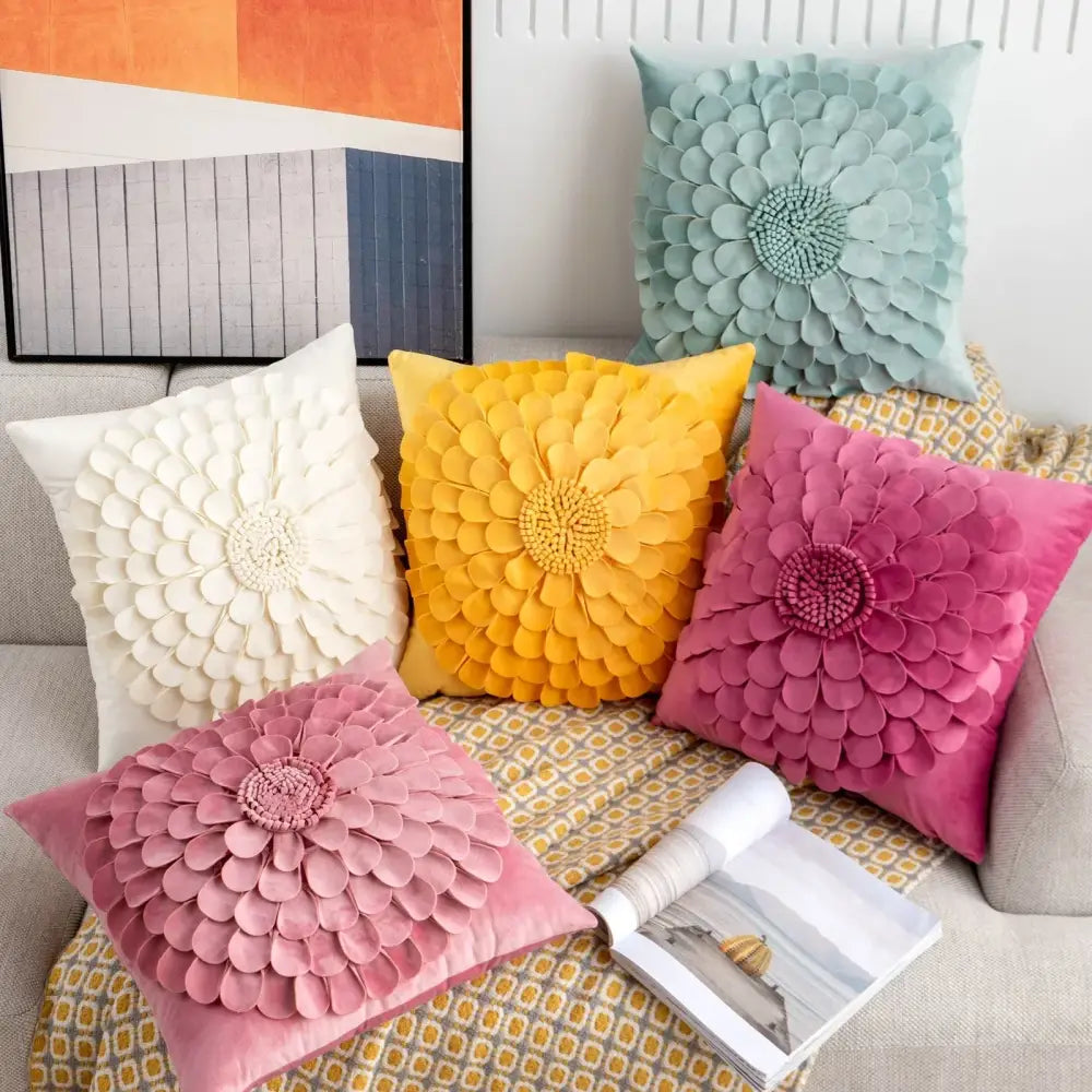 A collection of decorbites 3d velvet flower pillow covers in yellow beige mint green and pink velvet for living room decor