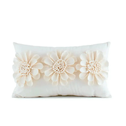 Cream-colored velvet flower pillow cover with 3d fabric flowers and beaded centers for living room decorbites pillow covers