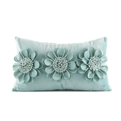 Light blue velvet flower pillow cover with 3d fabric flowers and woven centers for decorbites 3d velvet pillow covers