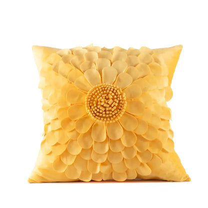 A plush square yellow velvet flower pillow cover featuring a 3d layered flower design for beige living room decorbites decor