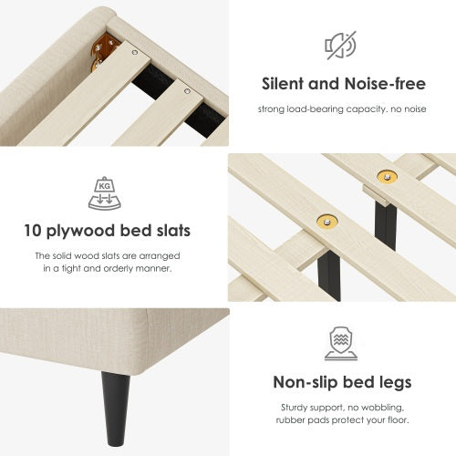 Bettgestell für Queensize-Bett, Leinen-Speicher-Kopfteil, stark und stabil, geräuschlos, kein Boxspring erforderlich, Gewicht 397 lbs