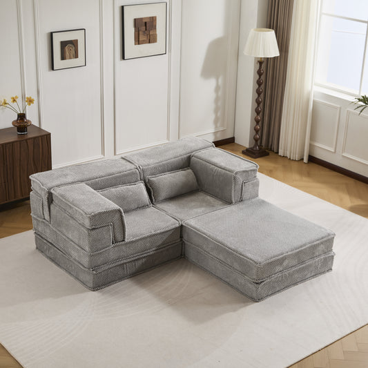 Kompressions-Mahjong-Sofa, umklappbares Boden-Sofabett, DIY knochenloses modulares Sektionssofa, keine Montage erforderlich, Kreis-Fleece-Stoff, überdimensioniertes 2-Sitzer-Sofa mit 1 Hocker, Hellgrau