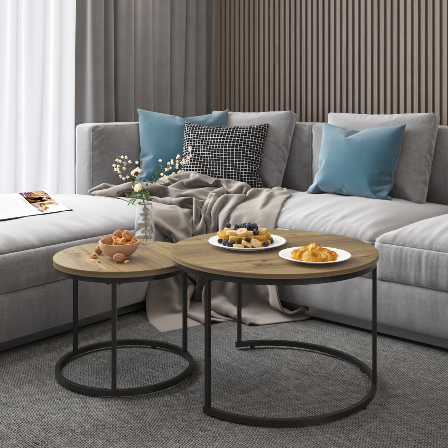 Nesting Coffee Table Set Of 2, 27.6inch Round Coffee Table Industrial Wood Finish With Sturdy Metal