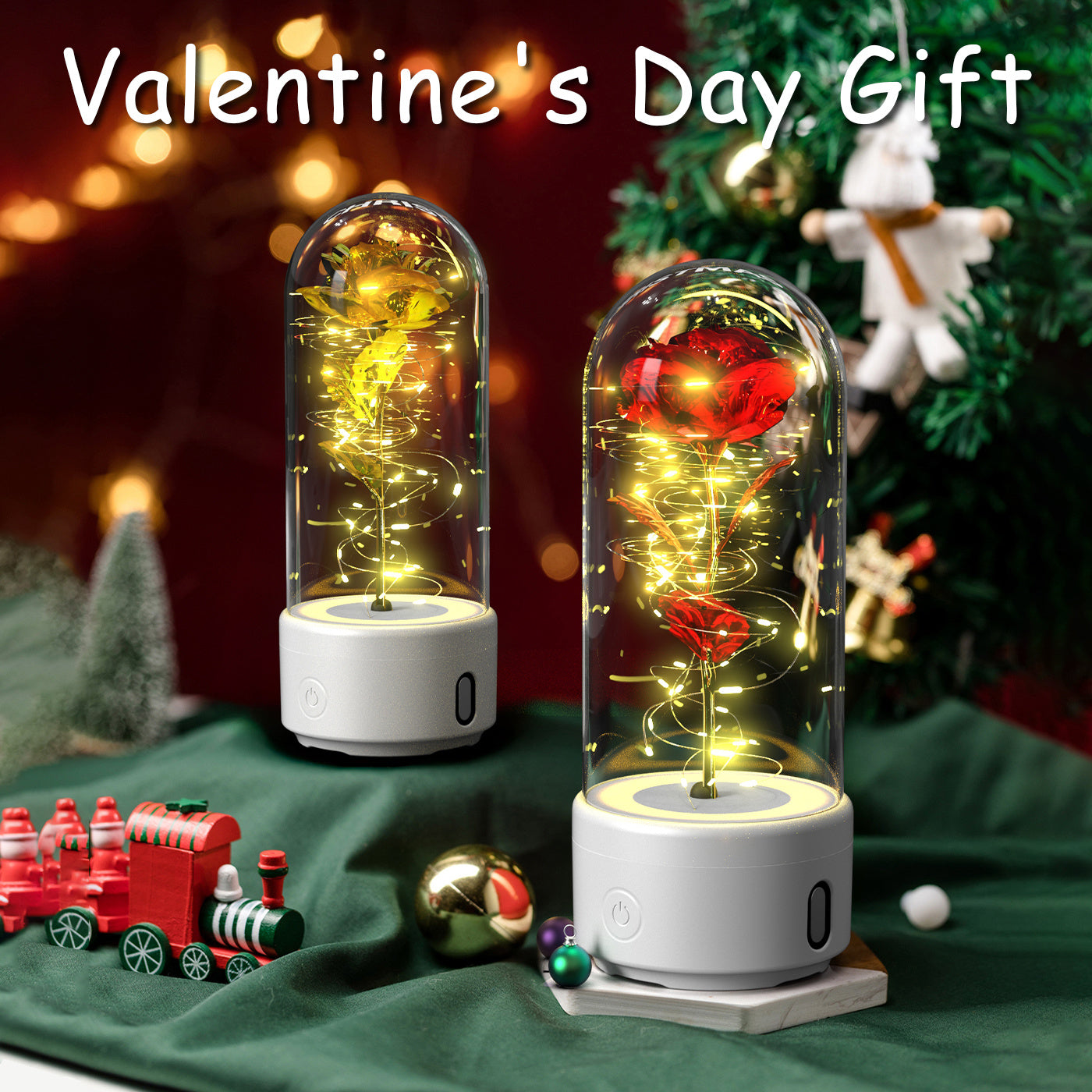 Kreatives 2-in-1 Rosenblumen-LED-Licht und Bluetooth-kompatibler Lautsprecher Valentinstag-Geschenk Rosenleuchtendes Nachtlicht-Ornament mit Glasabdeckung