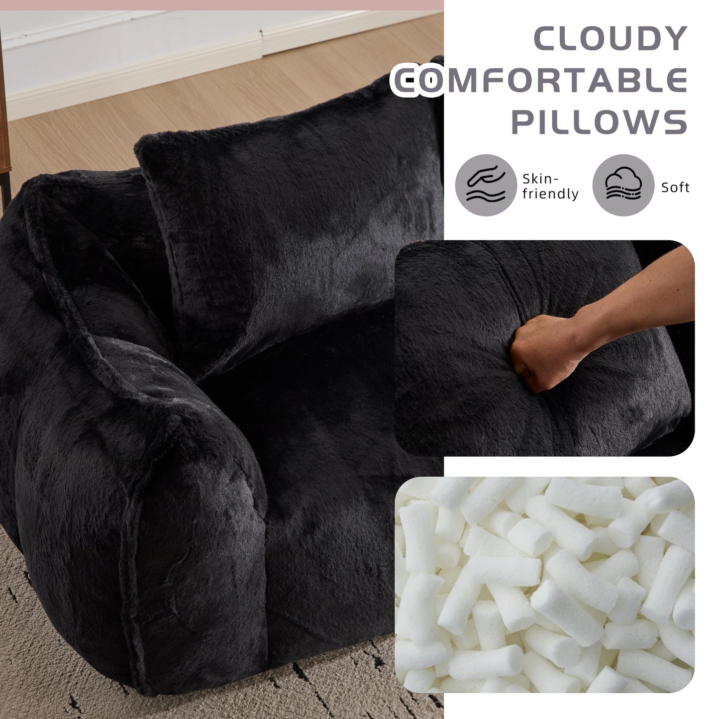 Riesiges Sitzsacksofa für Erwachsene, ultra weiches, flauschiges Zweiersofa aus Sitzsäcken, überdimensionierter Chaiselongue-Stuhl für Innenräume im Wohnzimmer oder Schlafzimmer, keine Montage erforderlich, gemütlicher Lesesessel mit Kissen, Schwarz