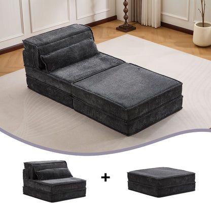 Kompressions-Mahjong-Sofa, Umwandelbares Boden-Sofabett, DIY Knochenloses Modulares Sektionalsofa, Keine Montage Erforderlich, Kreisförmiger Fleece-Stoff, Überdimensionierter Einzel-Sitzer mit 1 Kissen und 1 Hocker, Dunkelgrau
